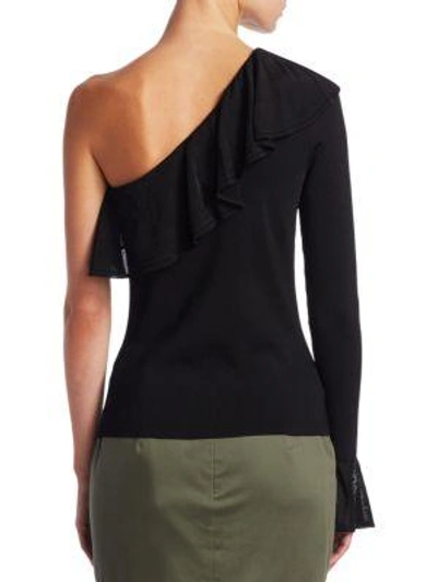 Shop Scripted One-shoulder Ruffled Bell-sleeve Sweater In Black