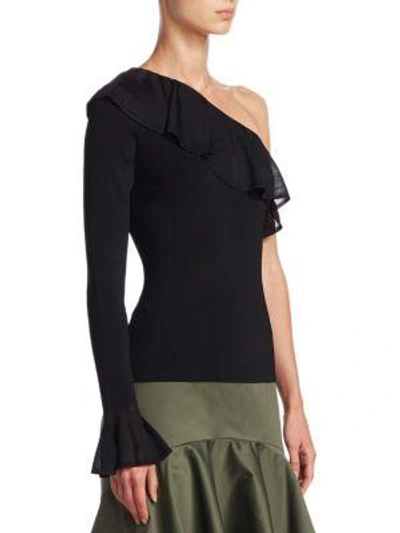 Shop Scripted One-shoulder Ruffled Bell-sleeve Sweater In Black