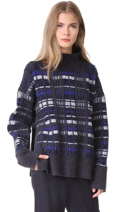 3.1 Phillip Lim Tie Side Split Check Plaid Rib Knit Sweater In Twilight Blue