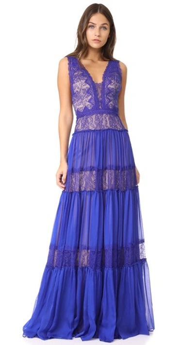 Catherine Deane Jana Paneled Chantilly Lace And Silk-chiffon Gown In Sapphire/almond