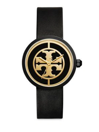 Shop Tory Burch Reva Leather Strap Watch In Black-yellow Gold