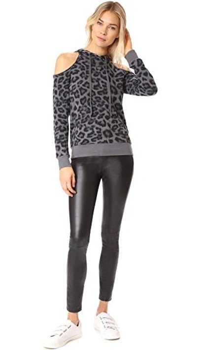 Shop Splendid Printed Leopard Cold Shoulder Hoodie In Lead