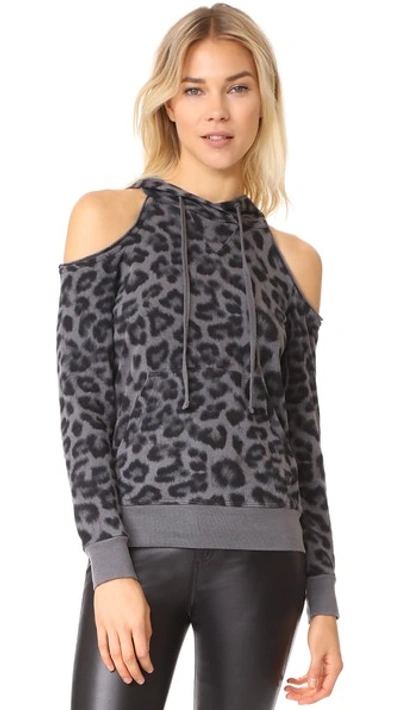 Splendid Printed Leopard Cold Shoulder Hoodie In Lead