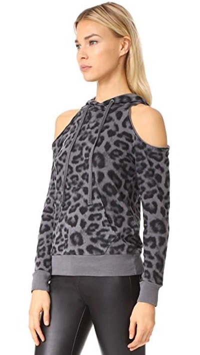 Shop Splendid Printed Leopard Cold Shoulder Hoodie In Lead