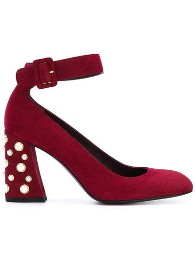 Shop Stuart Weitzman - Pearl Embellished Heel Pumps  In Red