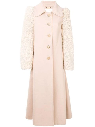 Shop Chloé Shearling Sleeved Coat - Nude & Neutrals