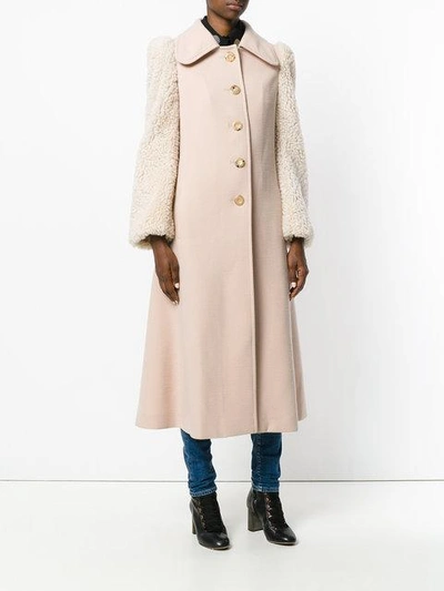 Shop Chloé Shearling Sleeved Coat - Nude & Neutrals