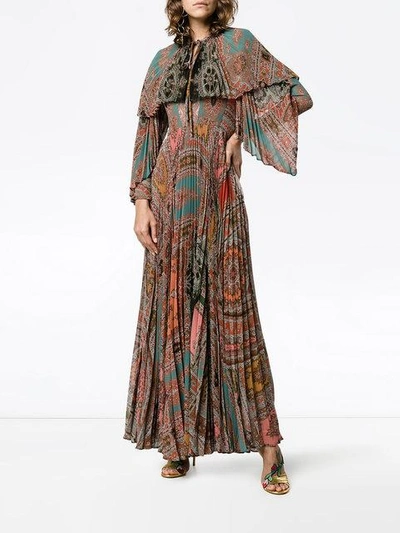 printed pleated long sleeve gown