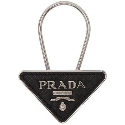 Shop Prada Black And Silver Small Logo Keychain In F0002 Nero