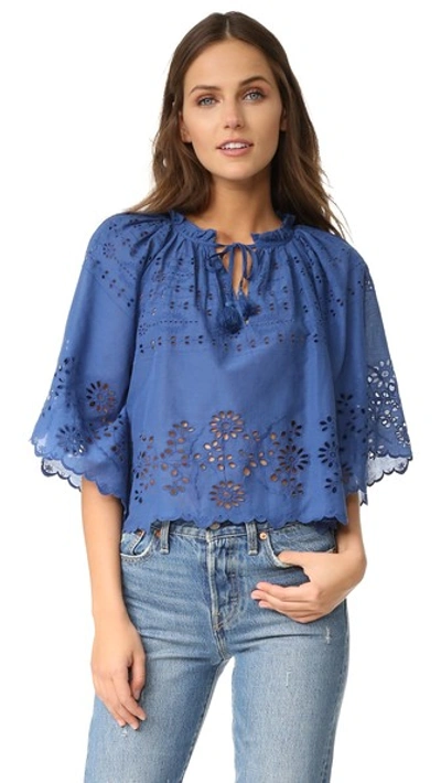 Sea Poet-sleeve Broderie-anglaise Cotton Top In Blue