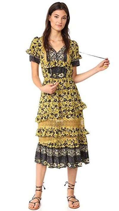 Shop Sea Tiered Dress In Mustard/multi