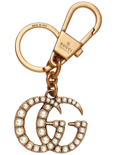 Shop Gucci Pearl-embellished Double G Key Ring In Metallic