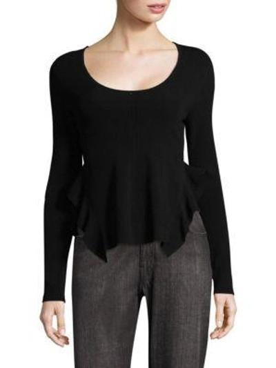 Opening Ceremony Scoop-neck Long-sleeve Flounce Top In Black