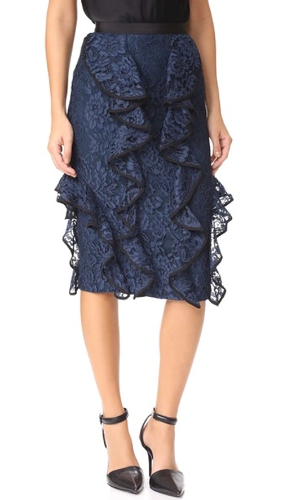 Alexis Lace Ruffle Pencil Skirt In Navy Lace