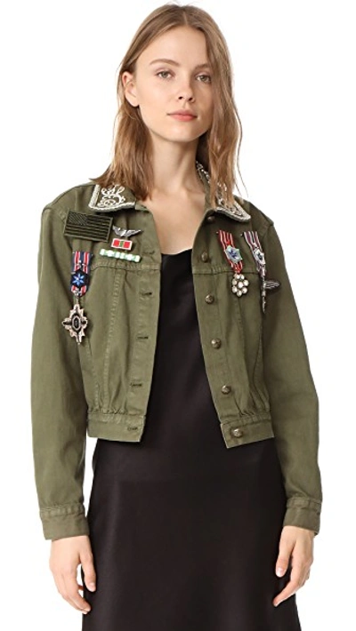 Alice And Olivia Alice + Olivia Chloe Embroidered Cropped Jacket In Army