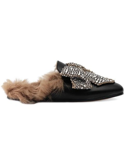 Shop Gucci Crystal Bow Princetown Leather Mules In Black