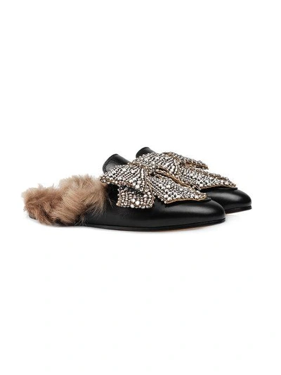 Shop Gucci Crystal Bow Princetown Leather Mules In Black