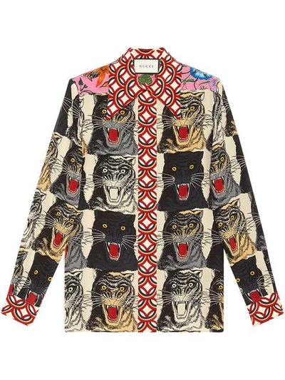 Shop Gucci Tiger Face Print Silk Shirt - Black