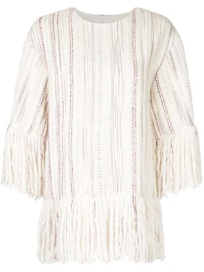 Shop Goen J Fringe-trimmed Stripe-woven Top In White