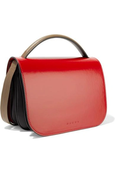 Shop Marni Tuk Medium Color-block Glossed-leather Shoulder Bag In Claret