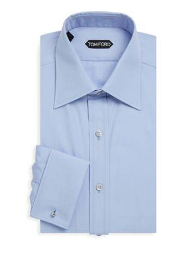 Shop Tom Ford Spread Collar Cotton Dress Shirt In Blue