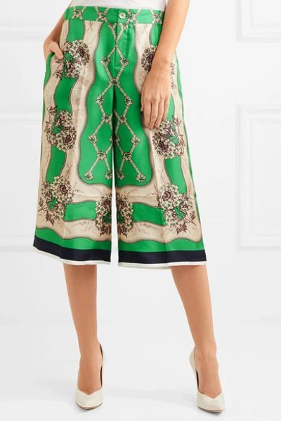 Shop Gucci Printed Silk-twill Wide-leg Pants In Light Green