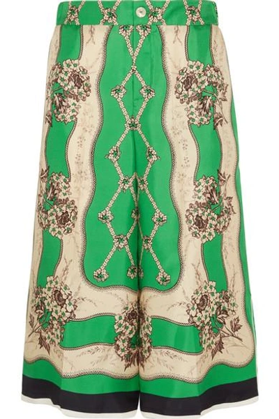 Shop Gucci Printed Silk-twill Wide-leg Pants In Light Green