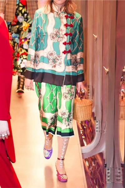 Shop Gucci Printed Silk-twill Wide-leg Pants In Light Green