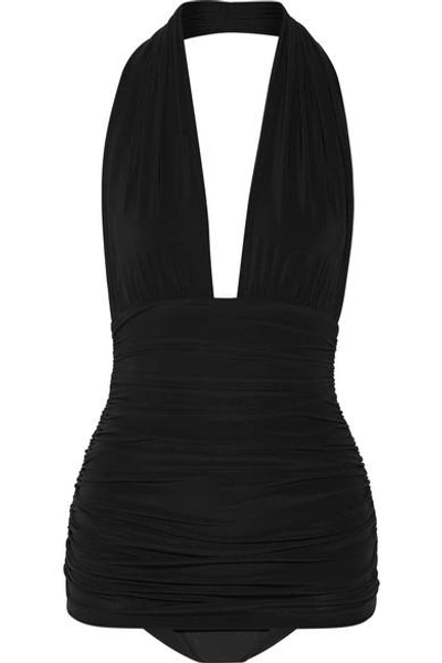 Shop Norma Kamali Bill Ruched Halterneck Swimsuit In Black