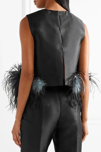 Shop Prada Feather-trimmed Wool And Silk-blend Top In Black