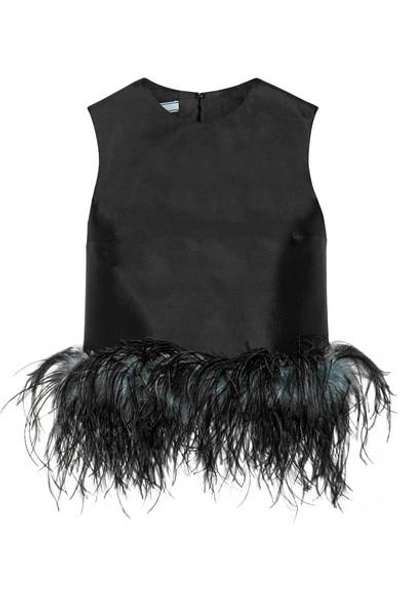Shop Prada Feather-trimmed Wool And Silk-blend Top In Black