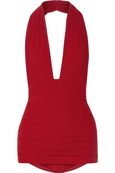 Shop Norma Kamali Bill Ruched Halterneck Swimsuit In Red