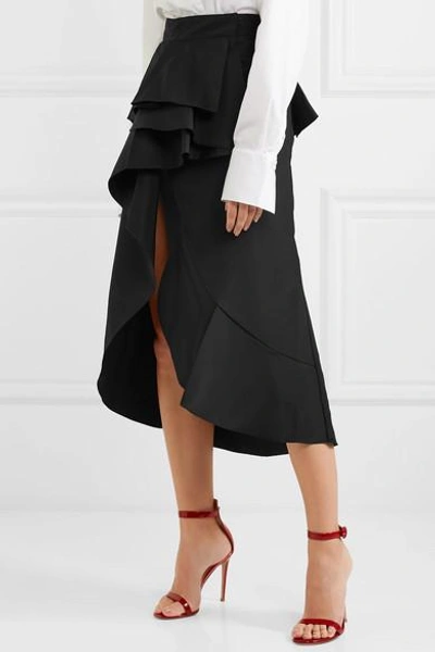 Shop Johanna Ortiz Talisman Ruffled Silk-faille Wrap Midi Skirt In Black