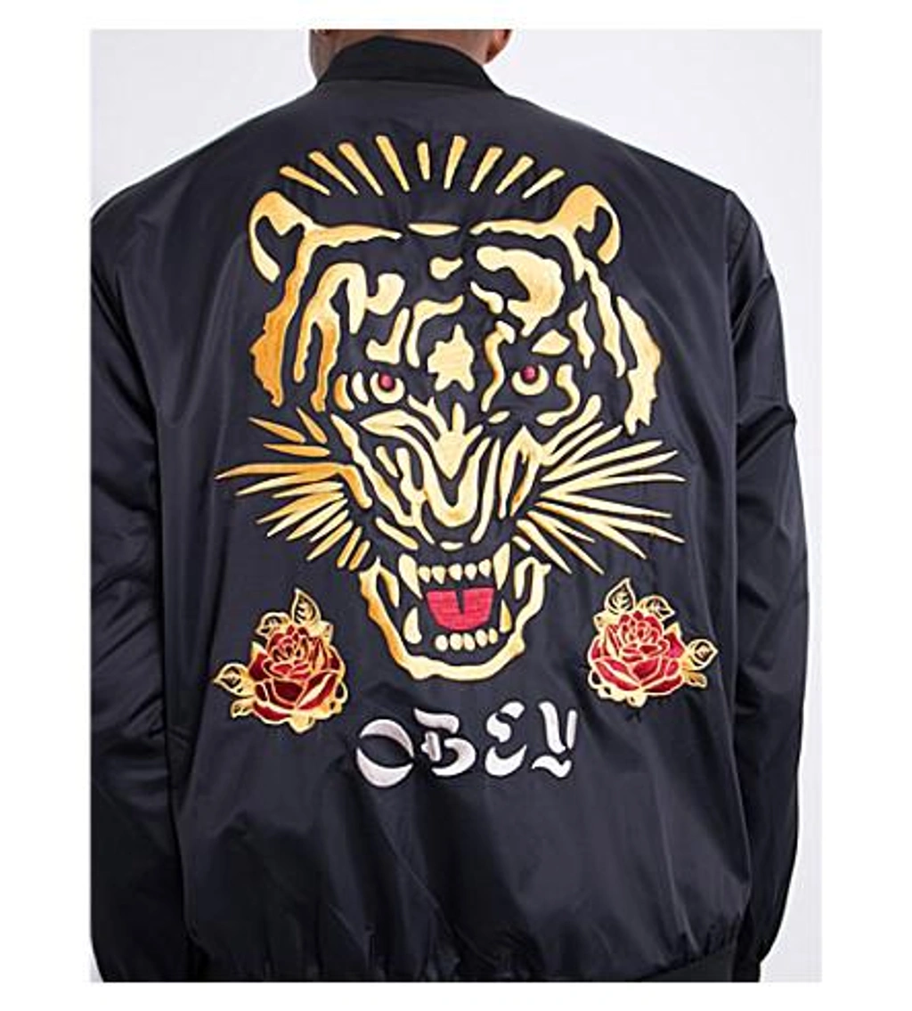 Obey Savage Tiger embroidered Satin Bomber Jacket In Black ModeSens