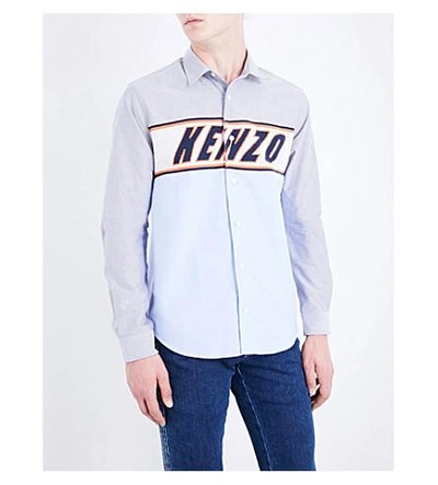 Shop Kenzo Logo-panel Casual-fit Cotton Shirt In Light Blue