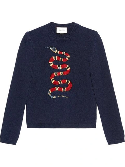 Gucci Kingsnake Jacquard Wool Sweater In Blue | ModeSens