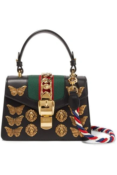 Shop Gucci Sylvie Mini Embellished Leather Shoulder Bag In Black