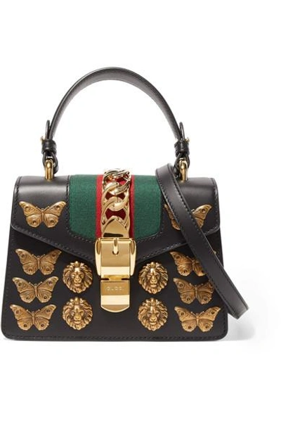 Shop Gucci Sylvie Mini Embellished Leather Shoulder Bag In Black