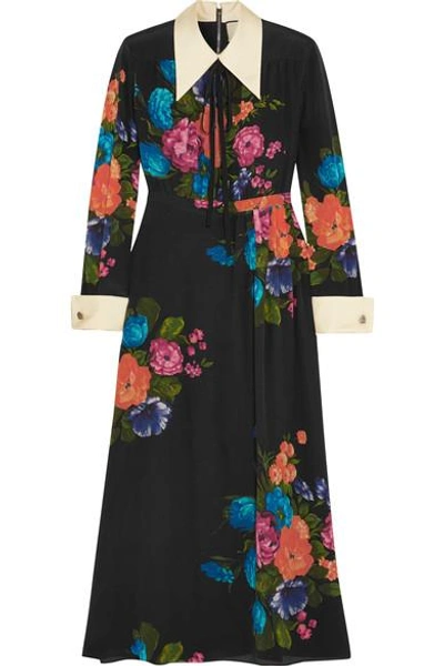 Shop Gucci Grosgrain-trimmed Floral-print Silk Crepe De Chine Midi Dress