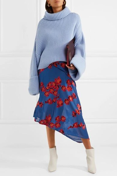 Shop Atlein Asymmetric Paneled Devoré-velvet And Jersey Skirt