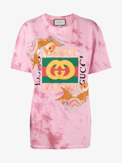 Shop Gucci Fish Embroidered  Logo T-shirt In Pink/purple