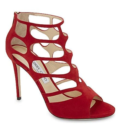Shop Jimmy Choo Ren 100 Suede Heeled Sandals In Red