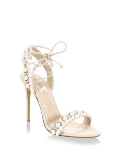 Monique Lhuillier Reese Pearl-embellished Suede Ankle-tie Sandals In Nude