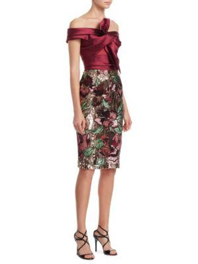 Shop Marchesa Notte Off-the-shoulder Satin Bow Dress In Wine