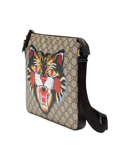 Shop Gucci Angry Cat Print Gg Supreme Flat Messenger