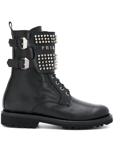 Shop Philipp Plein Studded Buckle Boots In Black