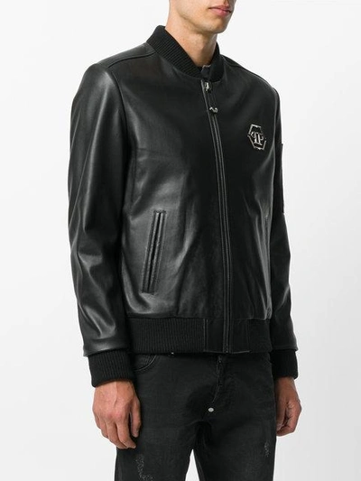 Shop Philipp Plein Leather Bomber Jacket - Black