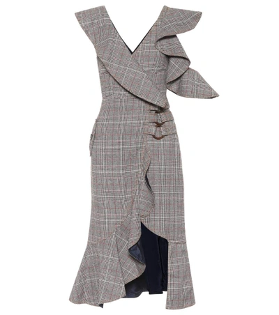 Self-portrait O-ring Wool-check Midi Wrap Dress W/ Asymmetric Frill In Grey Red
