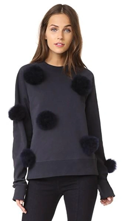 Shop Tibi Cropped Pom Pom Sweatshirt In Navy