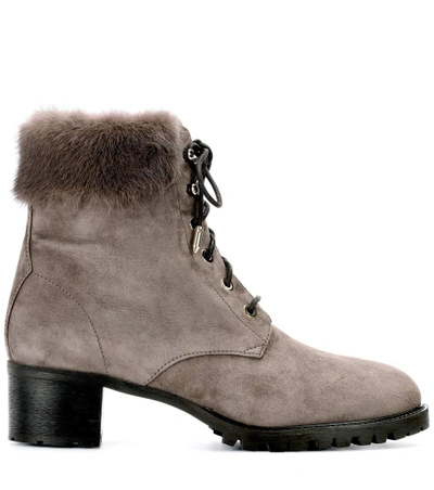 Shop Aquazzura Fur-trimmed Suede Ankle Boots In Grey